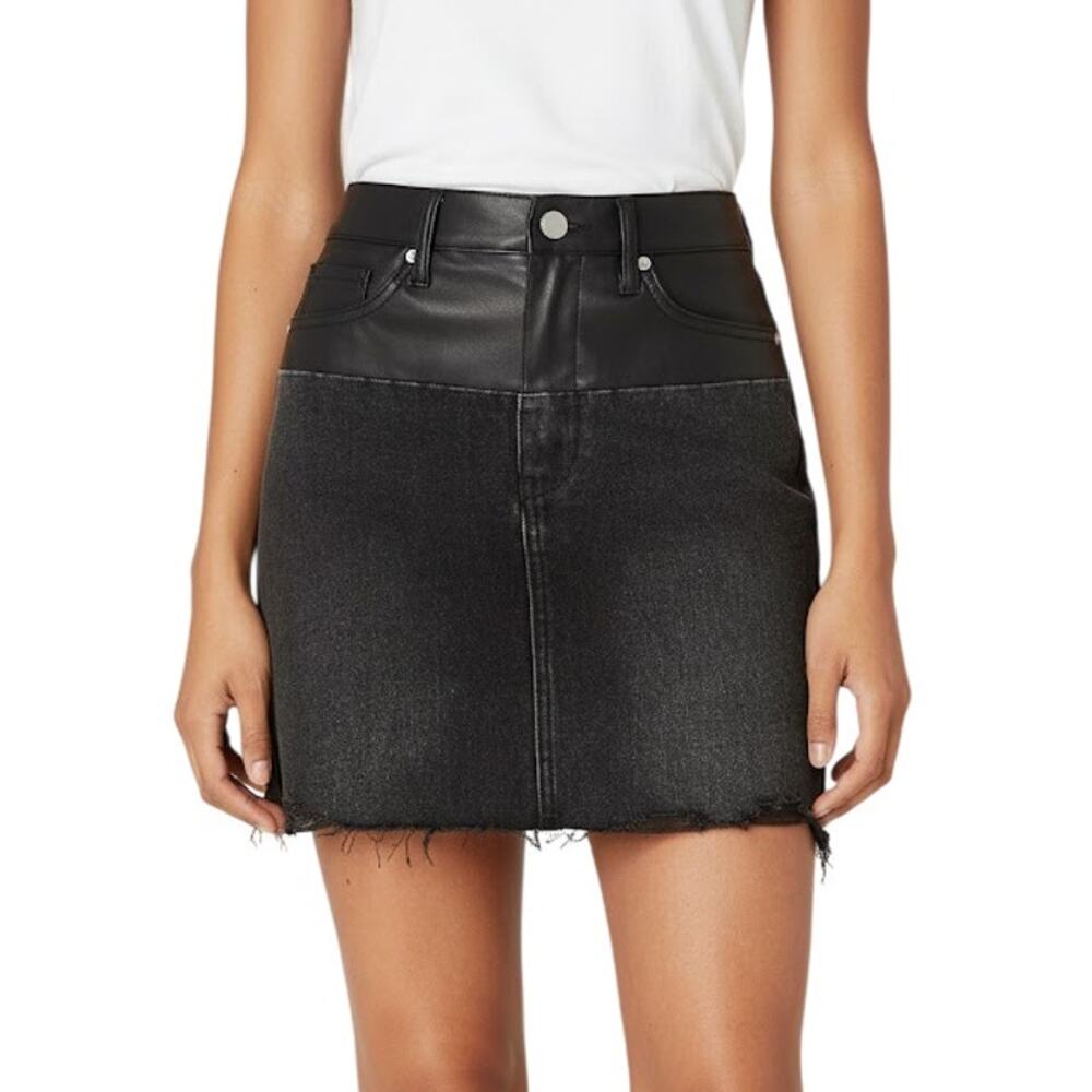 Blank NYC Patchwork Leather Denim High-Rise Mini Skirt Raw Hem Black NWT 28